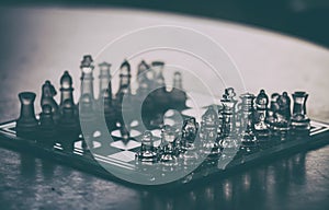 Glass pieces and chess board