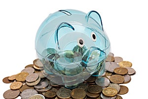 Glass Piggy Bank And Coins