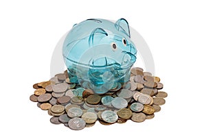 Glass Piggy Bank And Coins