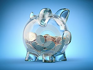 Glass piggy bank and coins with dollar sign on blue background. Deposit, savings money and investment concept