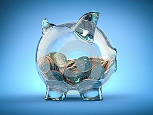 Glass piggy bank and coins with dollar sign on blue background. Deposit, savings money and investment concept
