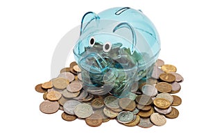 Glass Piggy Bank And Coins