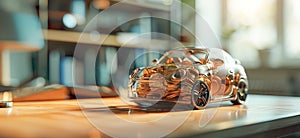 Glass piggy bank in the form of a car with different coins inside. Concept for renting, buying, leasing or insuring a