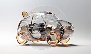 Glass piggy bank in the form of a car with different coins inside on a light background. Concept for renting, buying