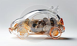 Glass piggy bank in the form of a car with different coins inside on a light background. Concept for renting, buying