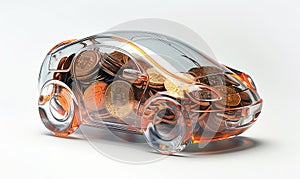 Glass piggy bank in the form of a car with different coins inside on a light background. Concept for renting, buying
