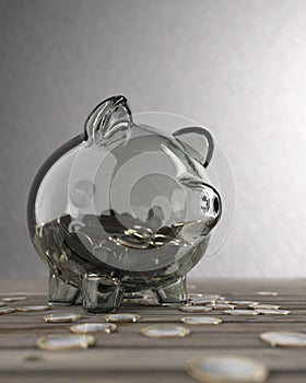 Glass piggy bank full of coins 3d render