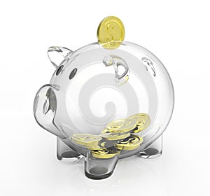 Glass piggy bank with golden coins