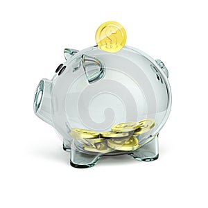 Glass piggy bank with golden coins