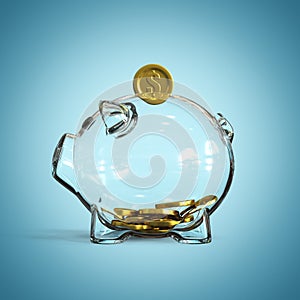 Glass piggy bank with golden coins on blue background 3d rendering
