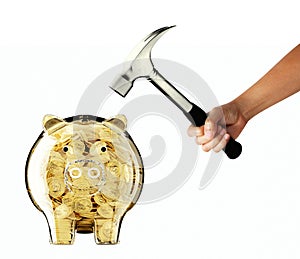 Glass Piggy bank and hammer