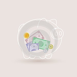 Glass piggy bank with paper money and coins inside, savings concept