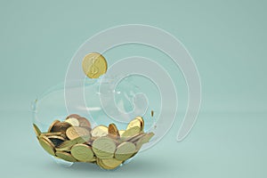Glass piggy money bank with gold coins.3D illustration.