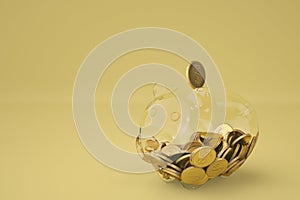 Glass piggy money bank with gold coins.3D illustration.