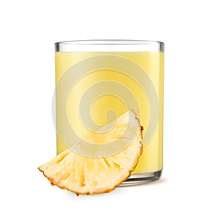 Glass of pineapple juice and slices of pineapple on white background