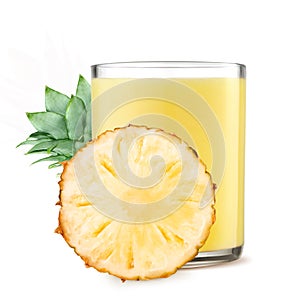Glass of pineapple juice and slices of pineapple on white background