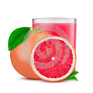 Glass of pink grapefruit juice isolated on white