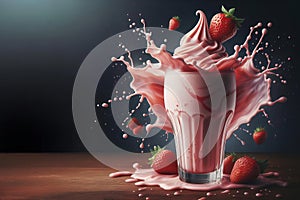 glass pink strawberry milkshake with a strawberry on top