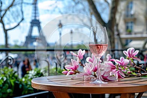 Glass of pink wine on a table of typical Parisian outdoor cafe with pink magnolia flowers in full bloom on a backdrop of French
