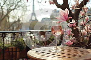 Glass of pink wine on a table of typical Parisian outdoor cafe with pink magnolia flowers in full bloom on a backdrop of French