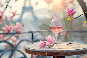 Glass of pink wine on a table of typical Parisian outdoor cafe with pink magnolia flowers in full bloom on a backdrop of French