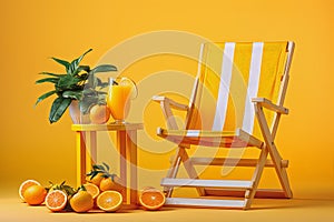 A glass pitcher filled with refreshing orange juice, garnished with fresh oranges, sits on a wooden table and a beach chair