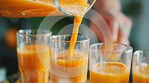 A glass pitcher filled with a vibrant orange smoothie being poured into individual cups