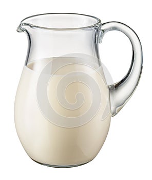 Glass pitcher of fresh milk isolated on white. With c