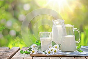 A glass pitcher, a glass, and a jug of milk on a wooden table with white daisies and green leaves, set against a vibrant