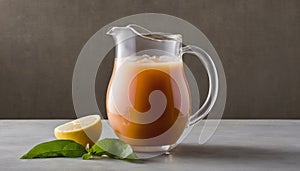 A glass pitcher of lemonade with a lemon wedge on the side