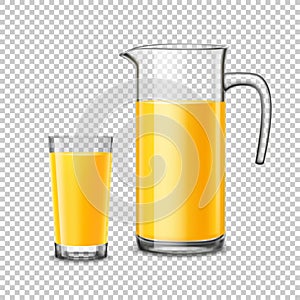 Glass And Pitcher With Orange Juice On Transparent Background