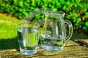 Glass and pitcher with pure water on wooden log, green grass, trees in the background, bright sunny day
