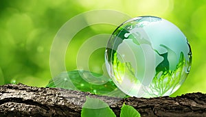 A glass planet Earth on a tree branch on a background of green vegetation.