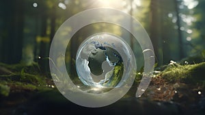 Glass planete earth Globe with save water icons In Green Forest With Sunlight. environment day and water day. Generative Ai