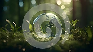 Glass planete earth Globe with save water icons In Green Forest With Sunlight. environment day and water day. Generative Ai