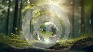 Glass planete earth Globe with save water icons In Green Forest With Sunlight. environment day and water day. Generative Ai