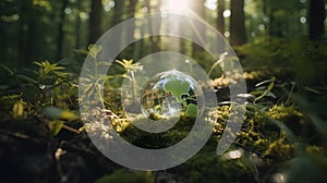 Glass planete earth Globe with save water icons In Green Forest With Sunlight. environment day and water day. Generative Ai