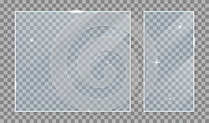 Glass plate set mockup on transparent background. Clear glass showcase. Acrylic and glass texture with glares and light. Realistic