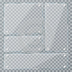 Glass plates on transparent background. Empty realistic acrylic plates with metal clamps