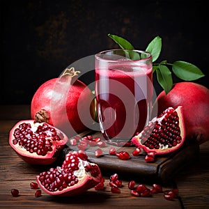 glass of pomegranate juice with fresh fruits on wooden table.