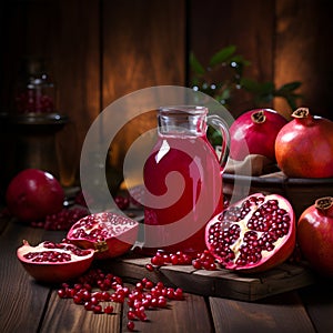 glass of pomegranate juice with fresh fruits on wooden table.