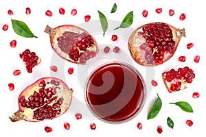 A glass of pomegranate juice with fresh pomegranate fruits isolated on white background. Top view. Flat lay