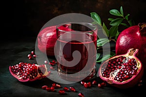 Glass of pomegranate juice near fresh juicy pomegranates on black background. Created with Generative AI