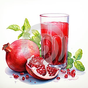 Glass of pomegranate juice and ripe pomegranate. Watercolor illustration