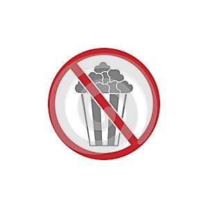A glass of popcorn is crossed out in a red circle. A forbidding sign. Vector illustration for popcorn sticker, ban or restriction