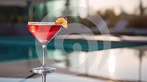 A glass of the popular Cosmopolitan cocktail on table by the outdoor pool . Summer refreshing tropical drink with ice