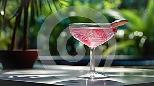 A glass of the popular Cosmopolitan cocktail on table by the outdoor pool . Summer refreshing tropical drink with ice