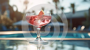A glass of the popular Cosmopolitan cocktail on table by the outdoor pool . Summer refreshing tropical drink with ice