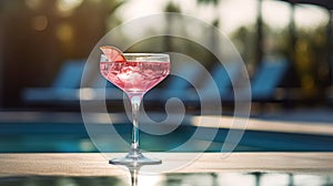 A glass of the popular Cosmopolitan cocktail on table by the outdoor pool . Summer refreshing tropical drink with ice