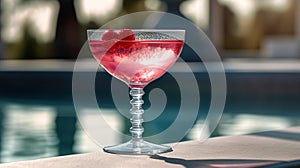 A glass of the popular Cosmopolitan cocktail on table by the outdoor pool . Summer refreshing tropical drink with ice